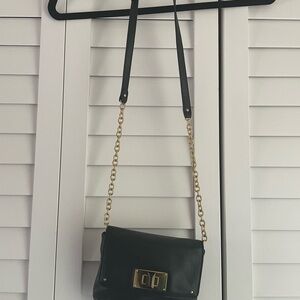 Club Monaco Black and Gold Crossbody Bag with Chain Strap
